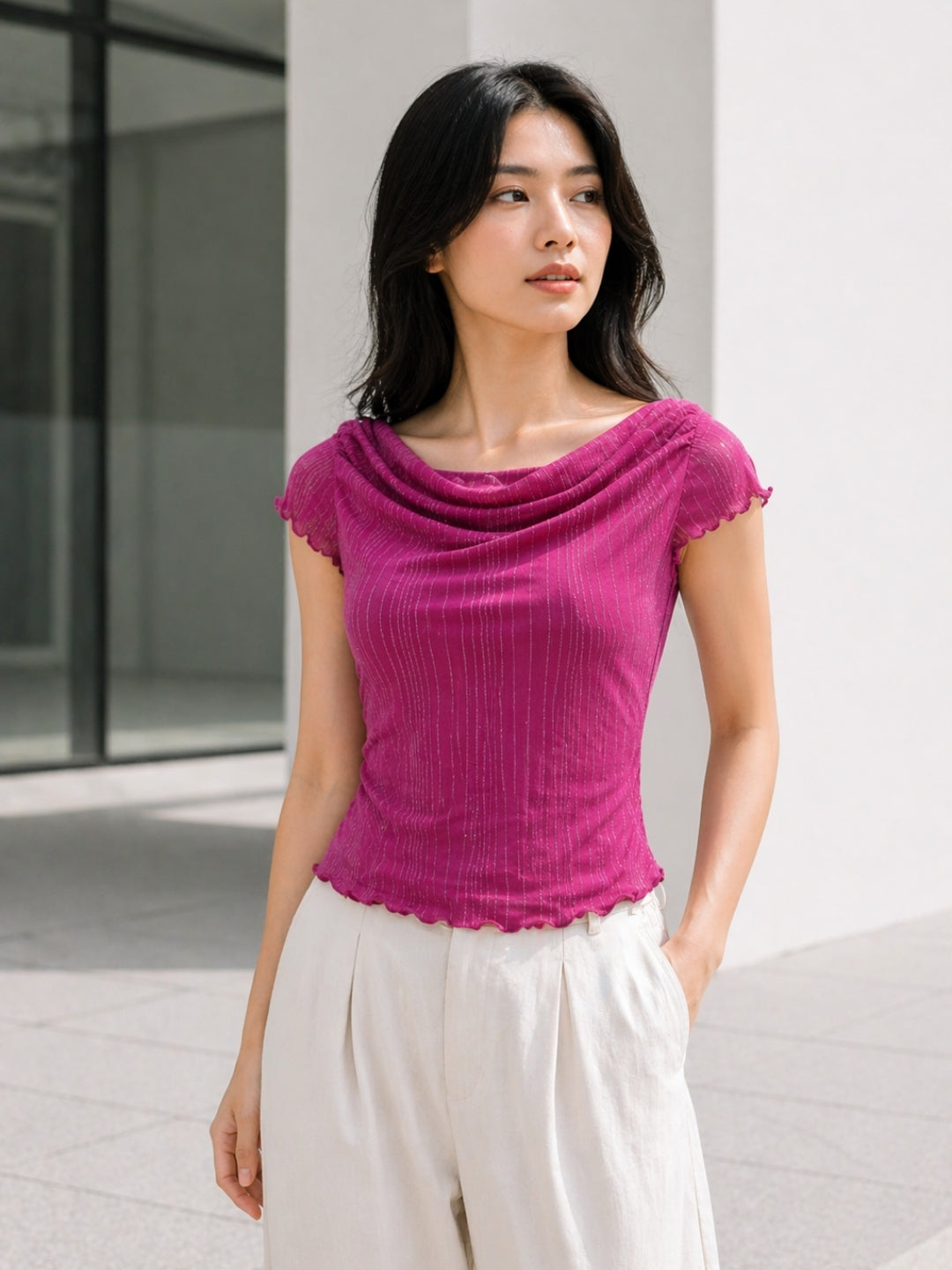 Clobug Women Cowl Neck Short Sleeve Top