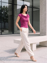 Clobug Women Cowl Neck Short Sleeve Top