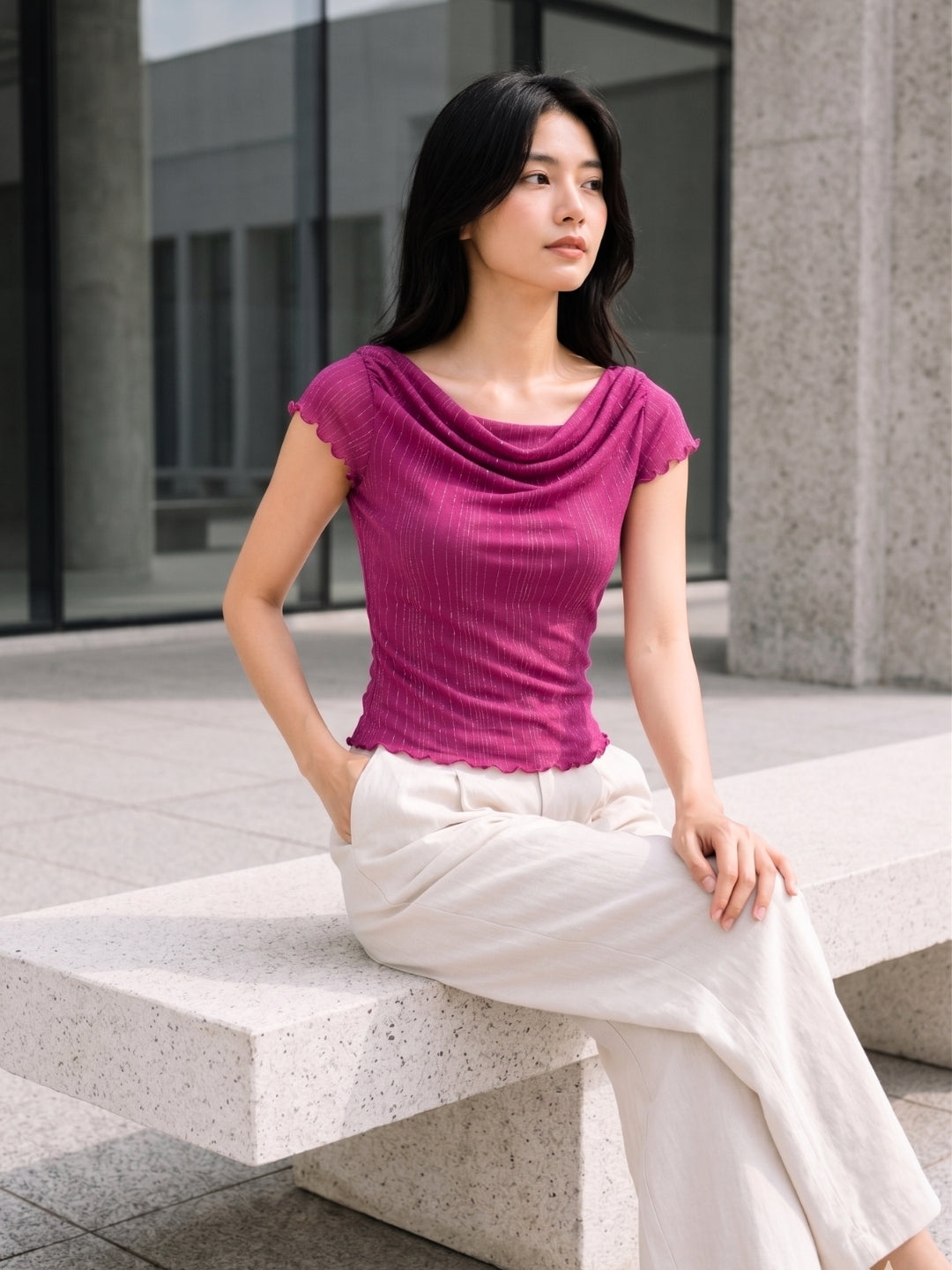 Clobug Women Cowl Neck Short Sleeve Top