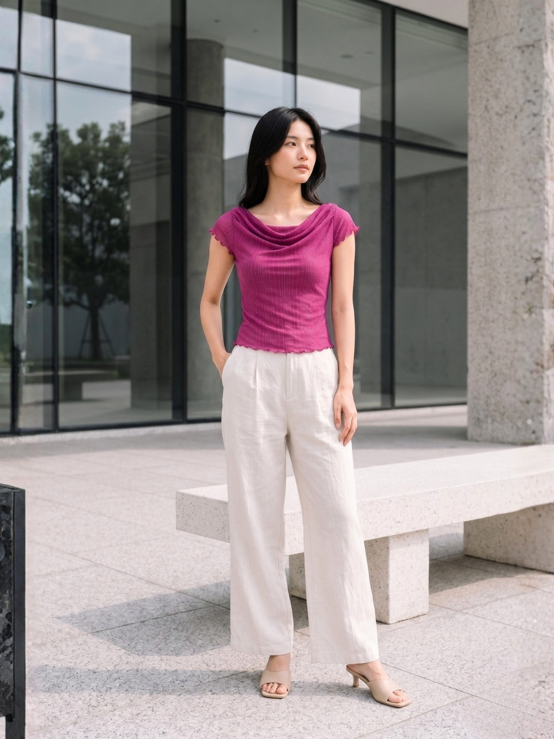 Clobug Women Cowl Neck Short Sleeve Top
