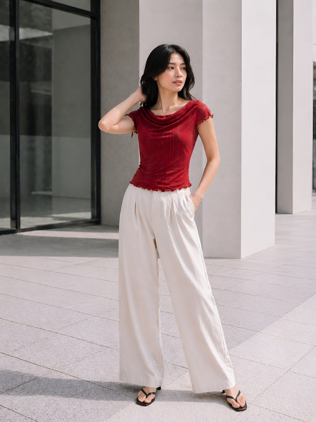 Clobug Women Cowl Neck Short Sleeve Top