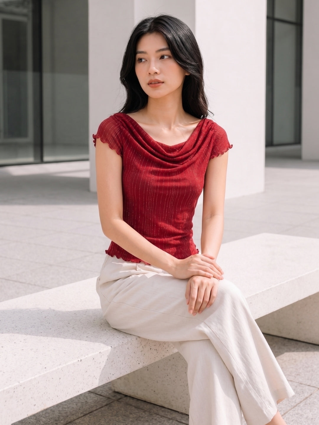Clobug Women Cowl Neck Short Sleeve Top
