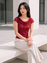 Clobug Women Cowl Neck Short Sleeve Top
