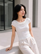 Clobug Women Cowl Neck Short Sleeve Top