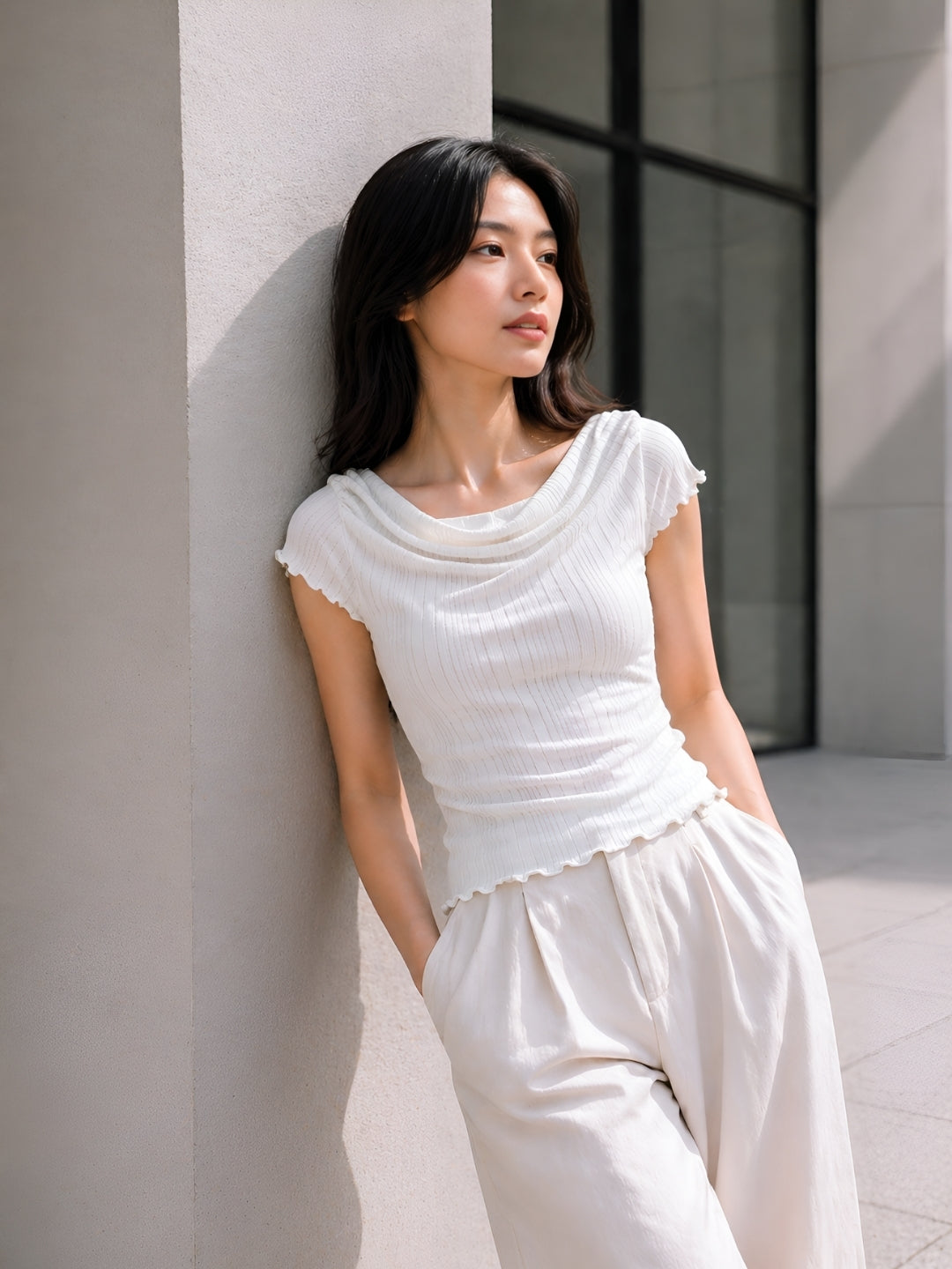 Clobug Women Cowl Neck Short Sleeve Top