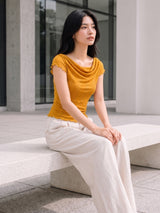 Clobug Women Cowl Neck Short Sleeve Top