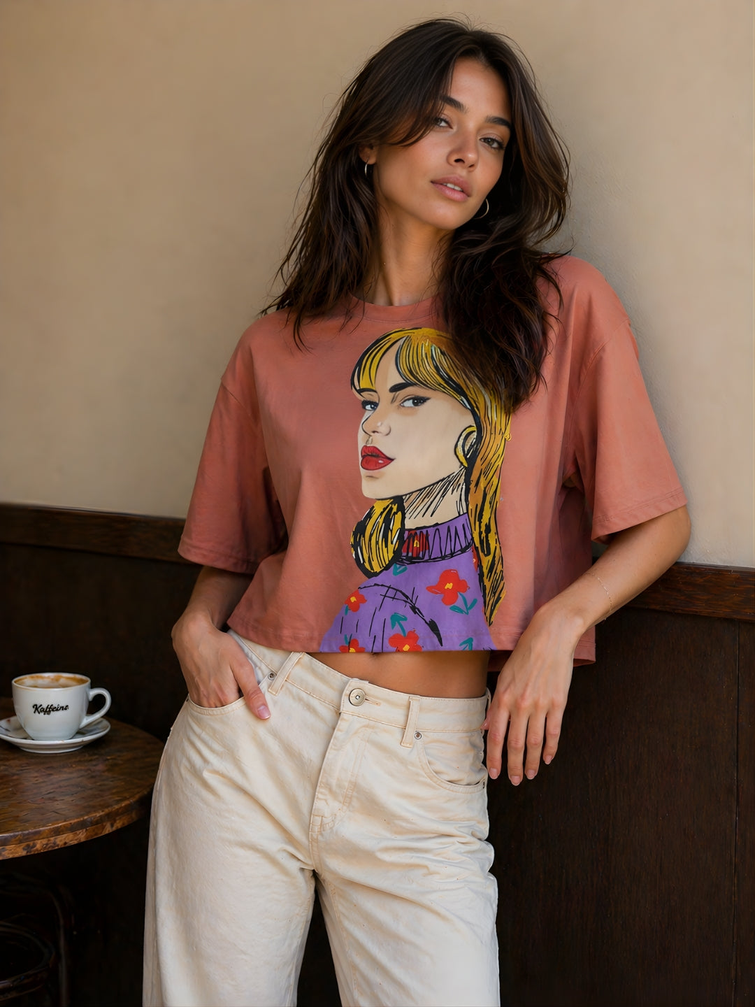 Clobug Women Oversized Graphic Print Peach Pink T-Shirt