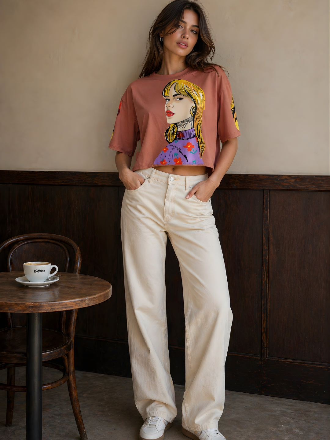 Clobug Women Oversized Graphic Print Peach Pink T-Shirt