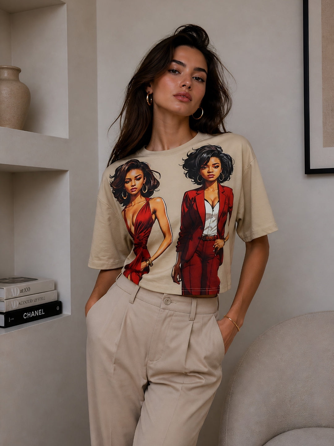Clobug Women Beige Oversized T-Shirt