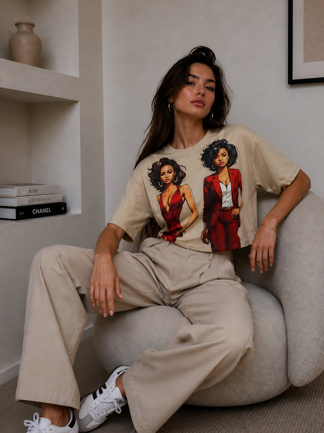 Clobug Women Beige Oversized T-Shirt