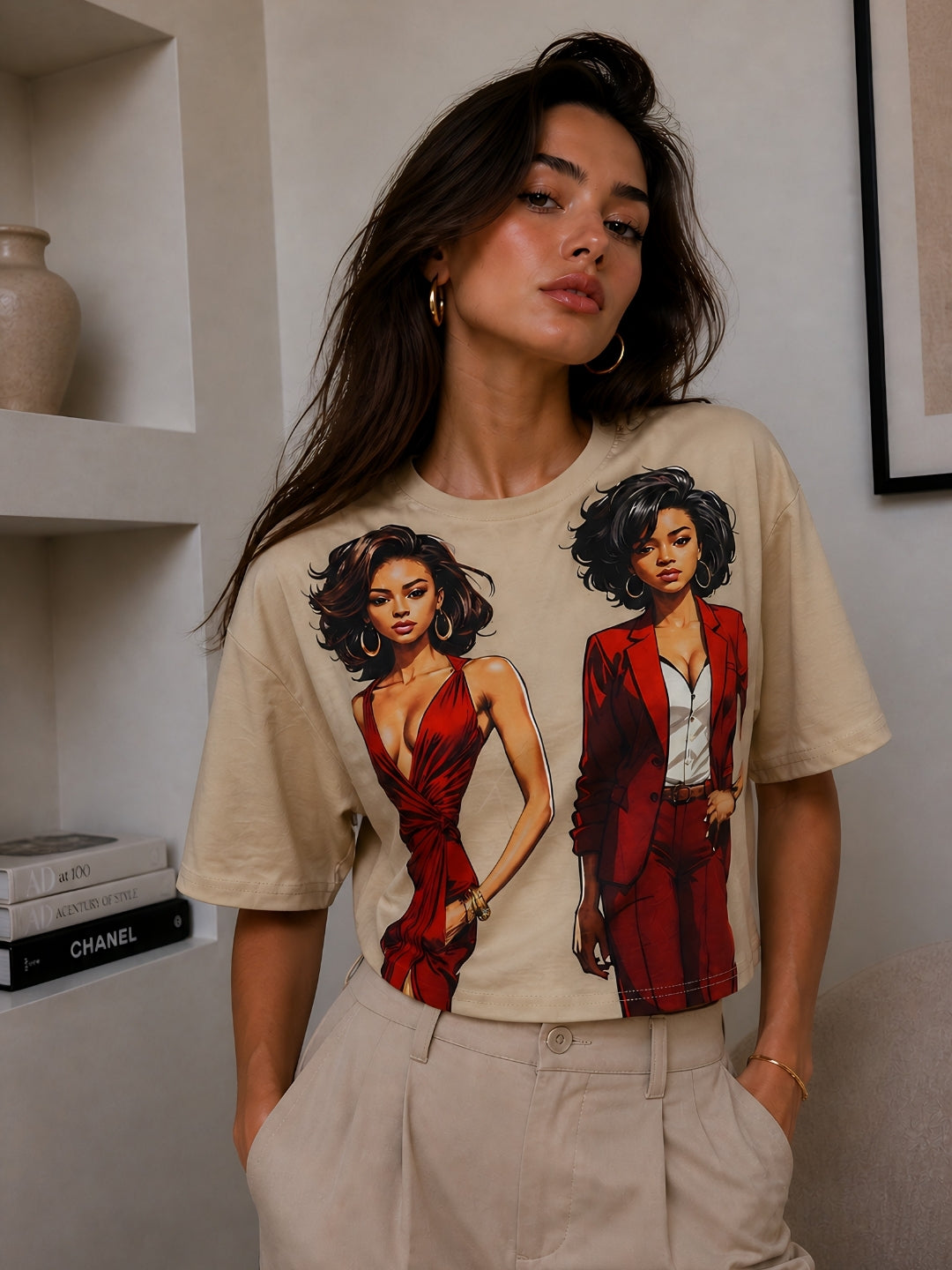 Clobug Women Beige Oversized T-Shirt