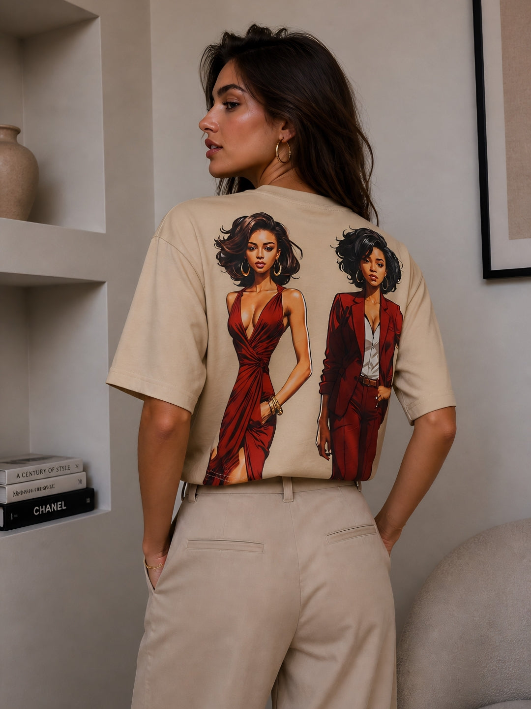 Clobug Women Beige Oversized T-Shirt