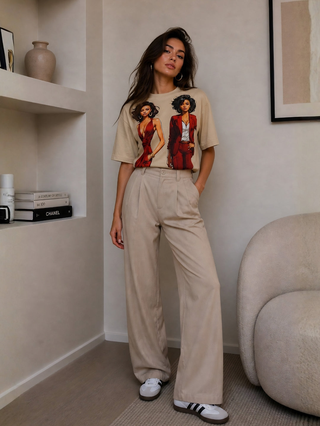 Clobug Women Beige Oversized T-Shirt