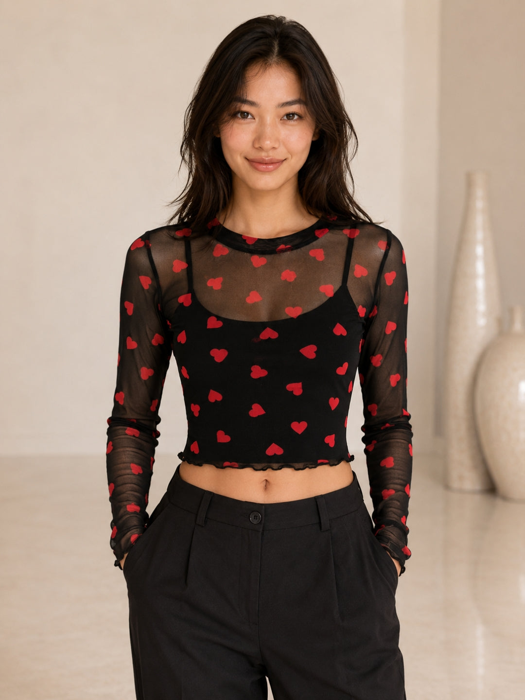 Clobug Women High Neck Printed Mesh Top