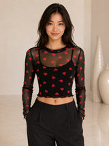 Clobug Women High Neck Printed Mesh Top