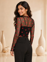 Clobug Women High Neck Printed Mesh Top