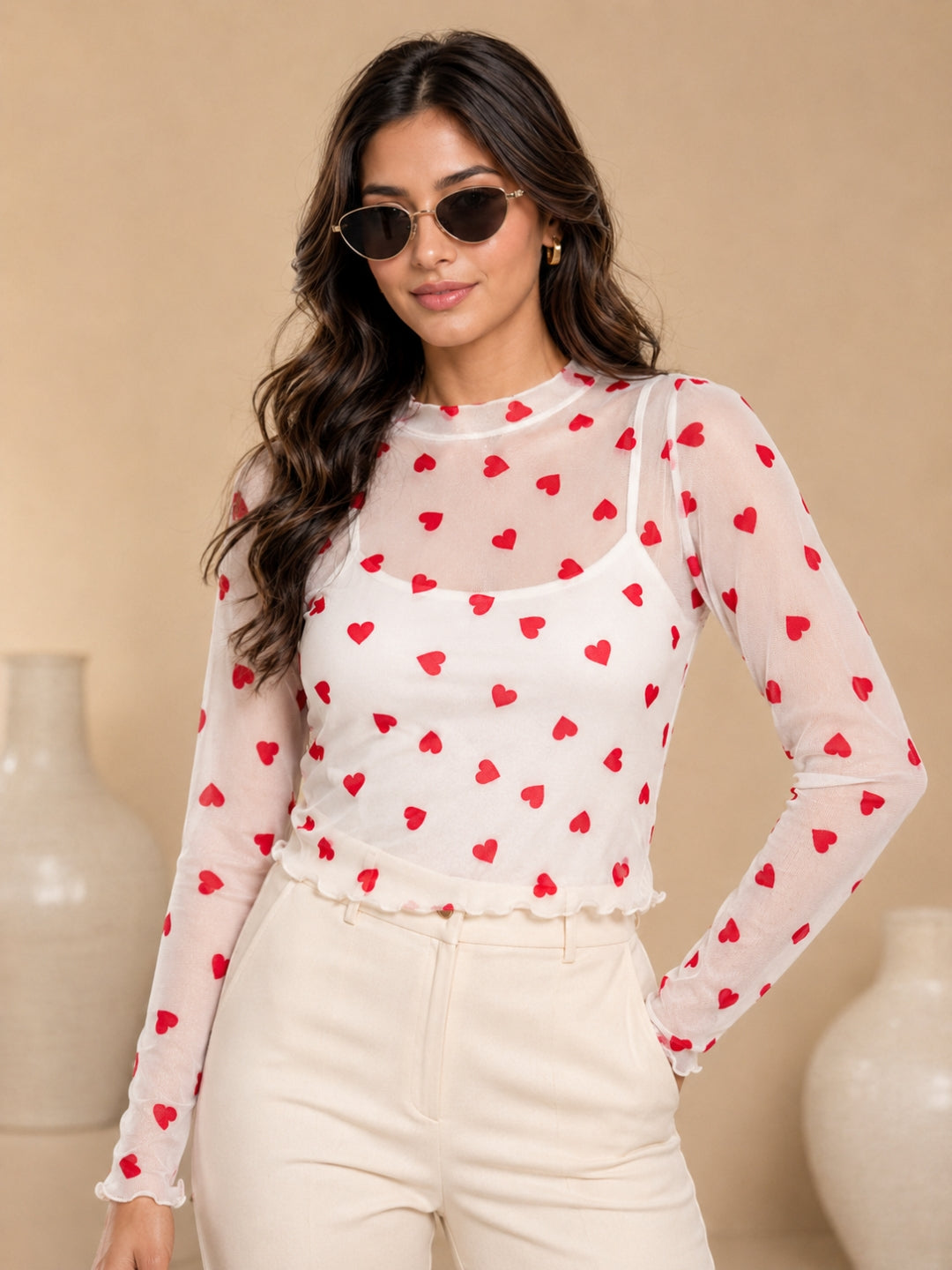 Clobug Women High Neck Printed Mesh Top