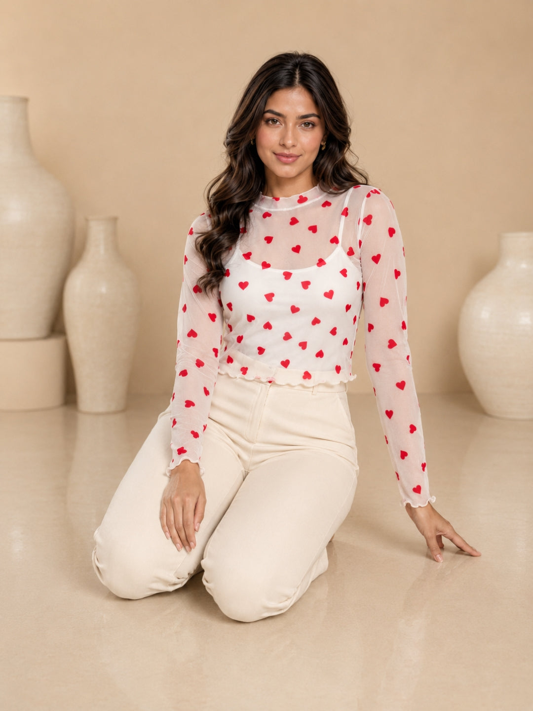Clobug Women High Neck Printed Mesh Top