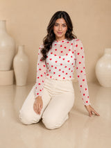Clobug Women High Neck Printed Mesh Top
