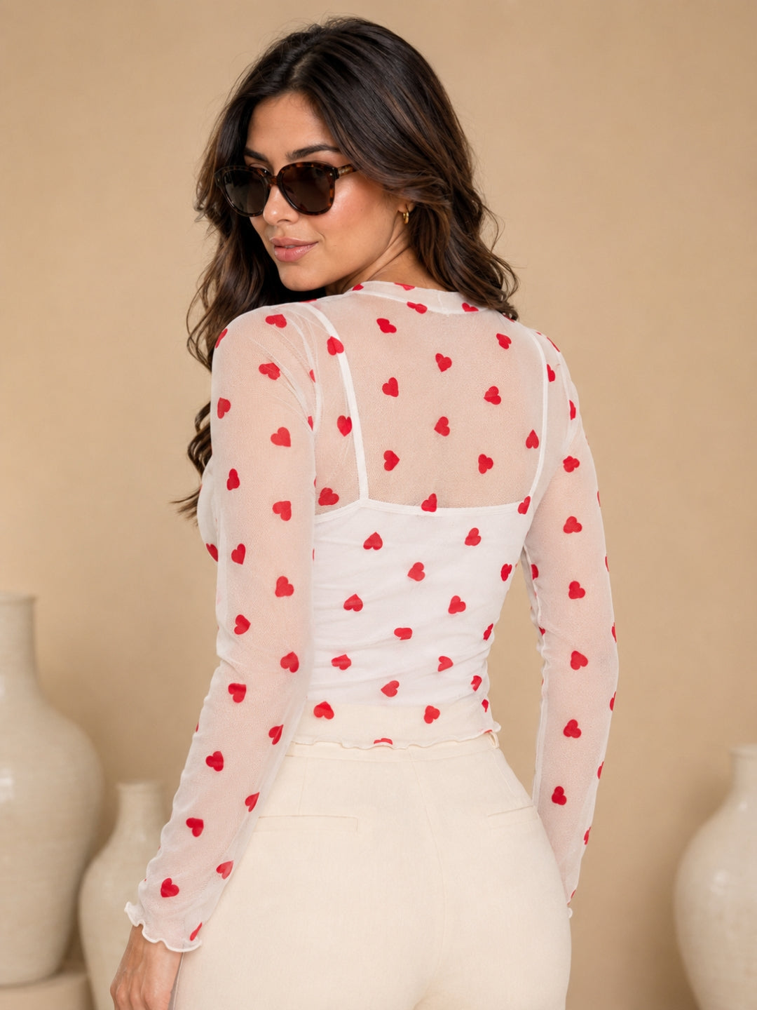 Clobug Women High Neck Printed Mesh Top
