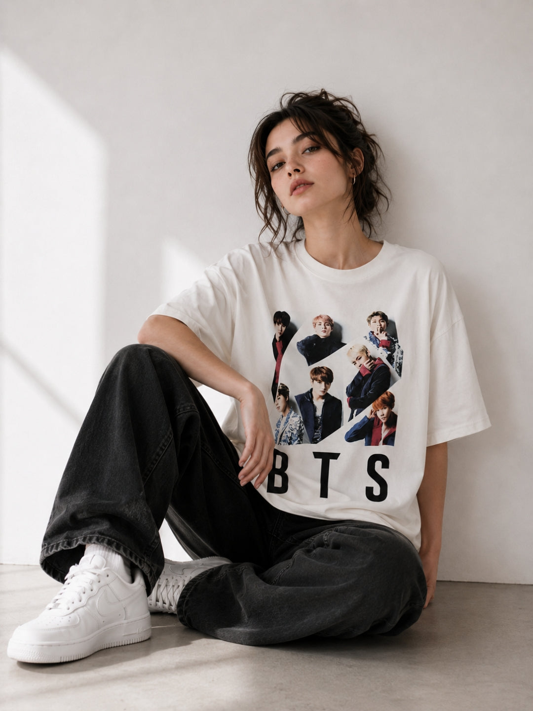 Clobug Women BTS Photo White Oversized T-Shirt