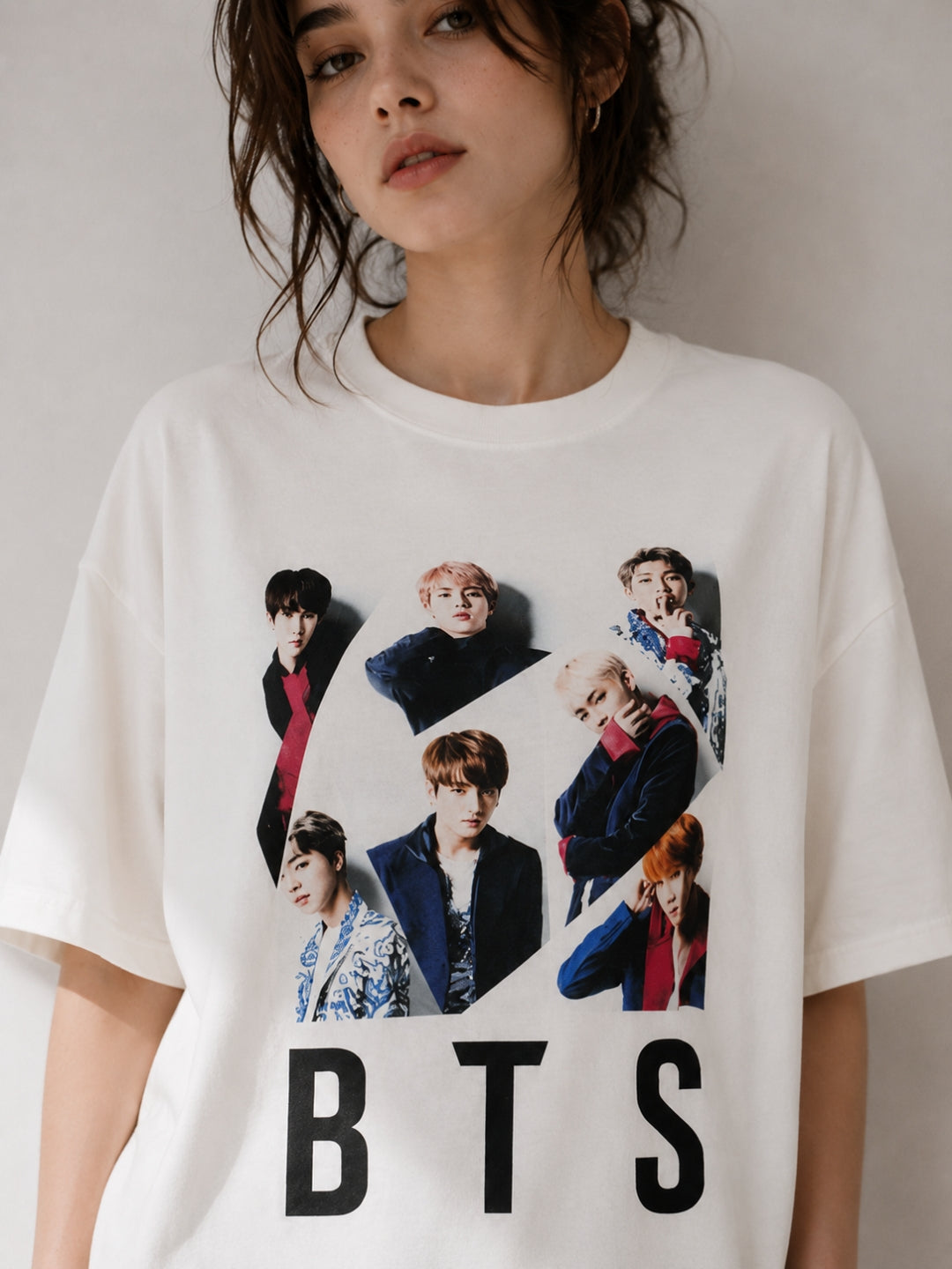 Clobug Women BTS Photo White Oversized T-Shirt