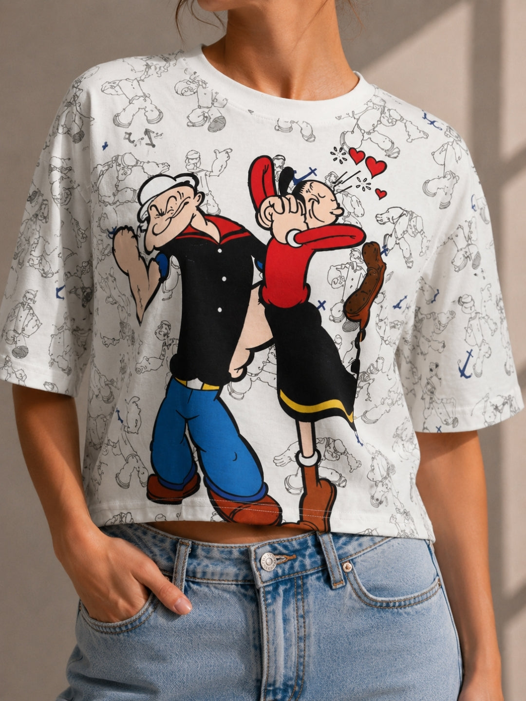 Clobug Women's Popeye Vintage Graphic Printed Crop T-Shirt