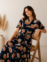 Women's Black Cotton Blend Printed Dress