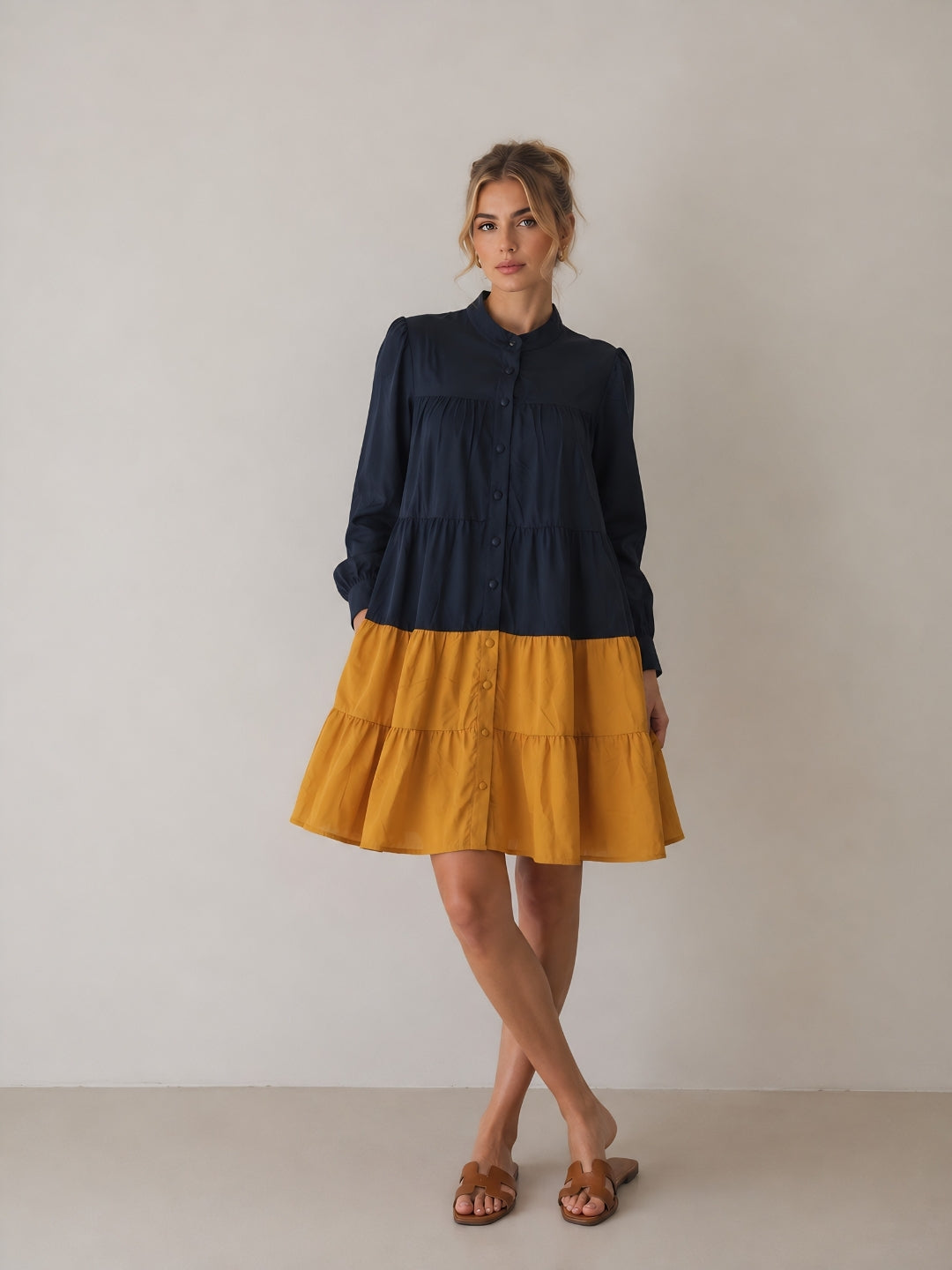 Clobug Women A-line Color-Block Full Sleeve Dress