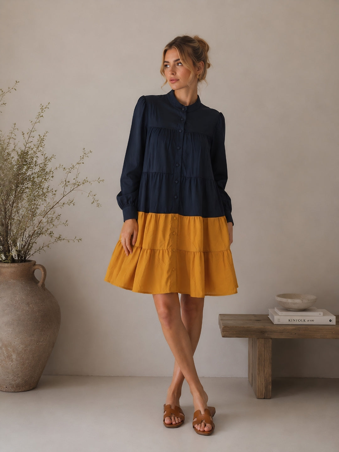 Clobug Women A-line Color-Block Full Sleeve Dress