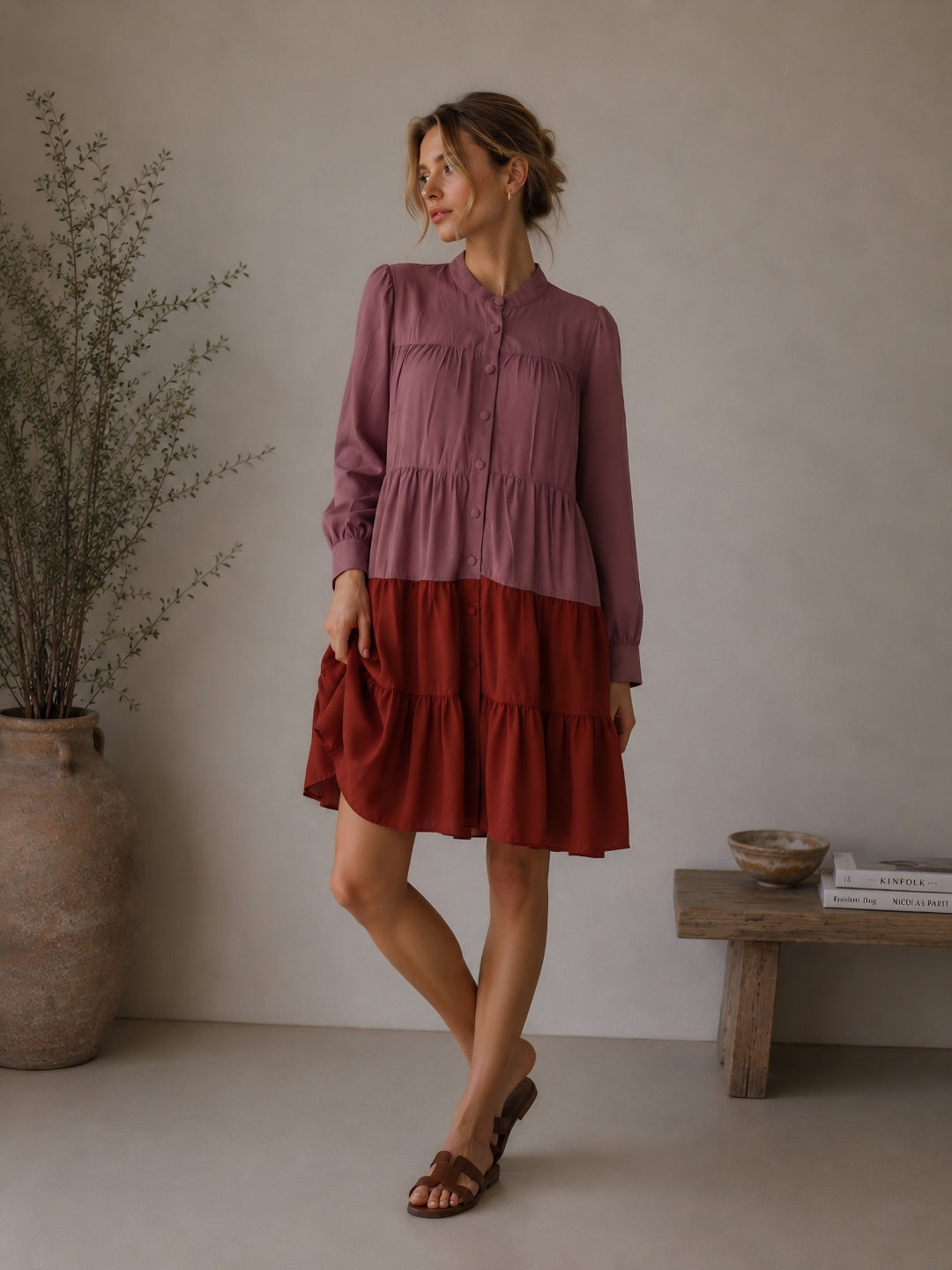 Clobug Women A-line Color-Block Full Sleeve Dress