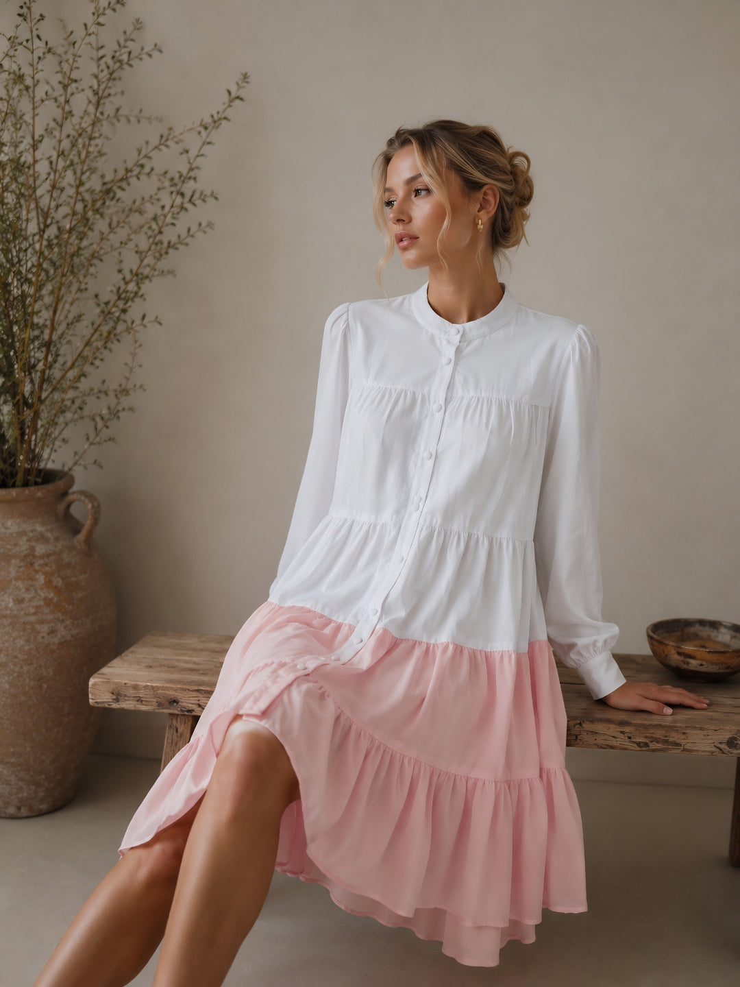 Clobug Women A-line Color-Block Full Sleeve Dress