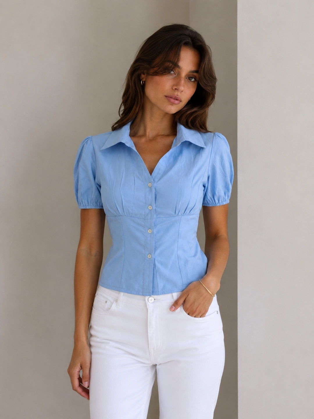 Women's Blue Cotton Blend Shirt