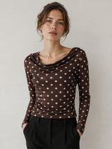 Clobug Women Cowl Neck Printed Mesh Top