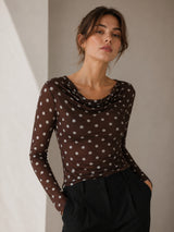 Clobug Women Cowl Neck Printed Mesh Top