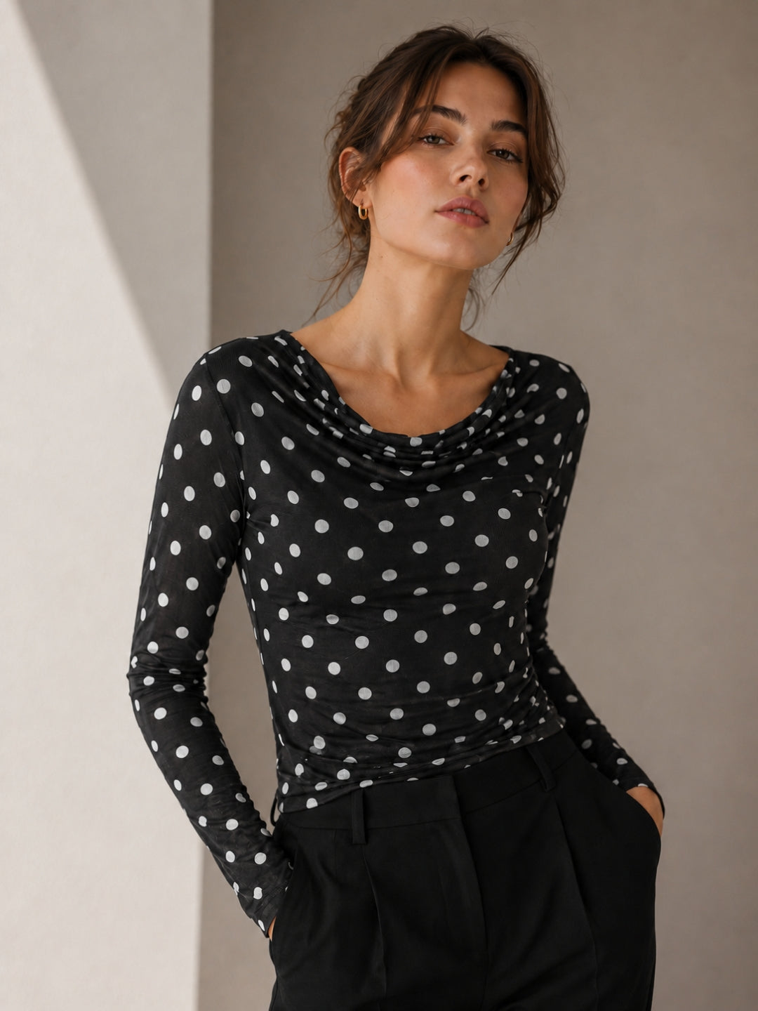 Clobug Women Cowl Neck Printed Mesh Top