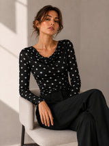 Clobug Women Cowl Neck Printed Mesh Top