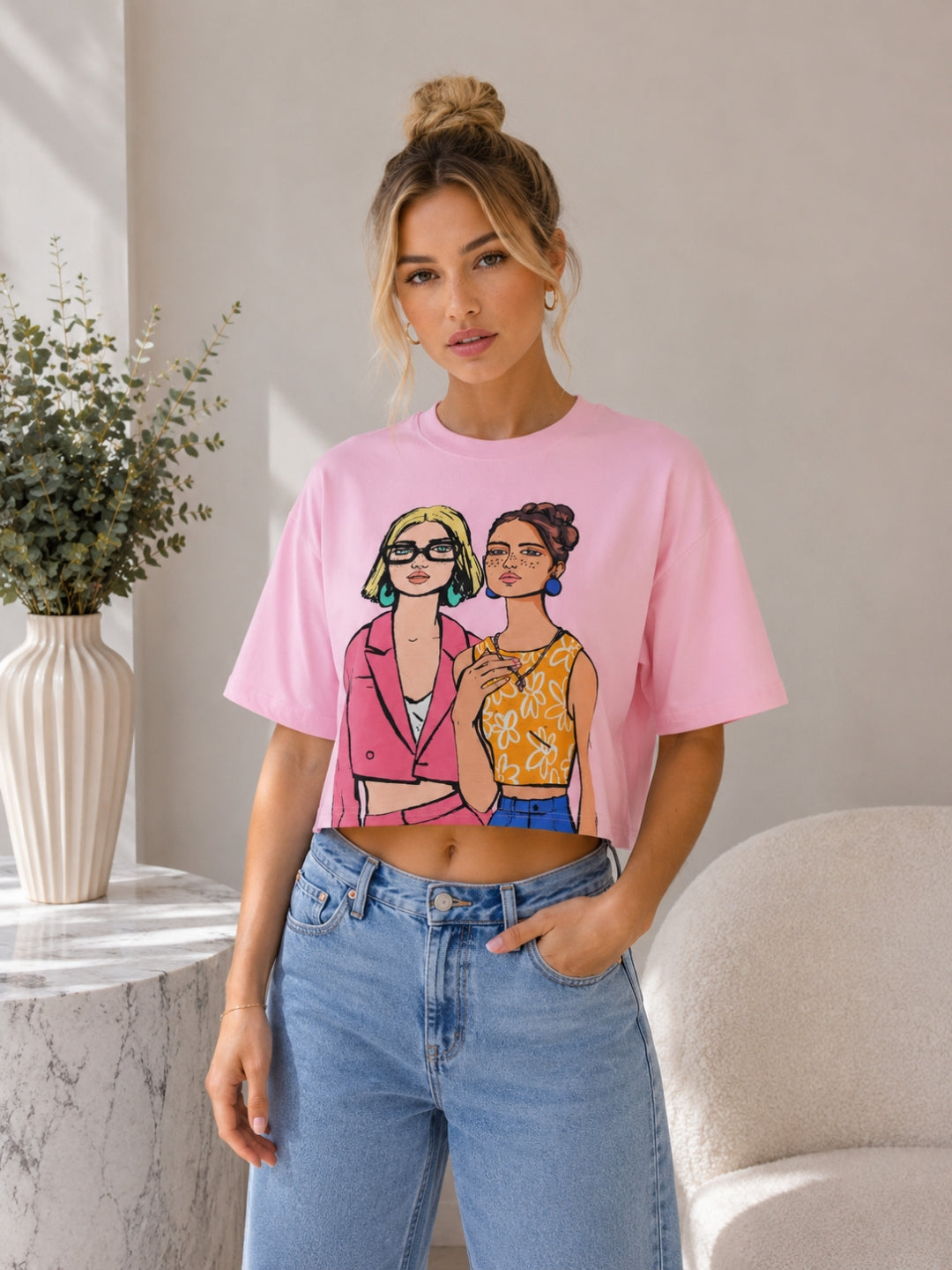 Clobug Women's Retro Pop Art Graphic Printed Crop T-Shirt