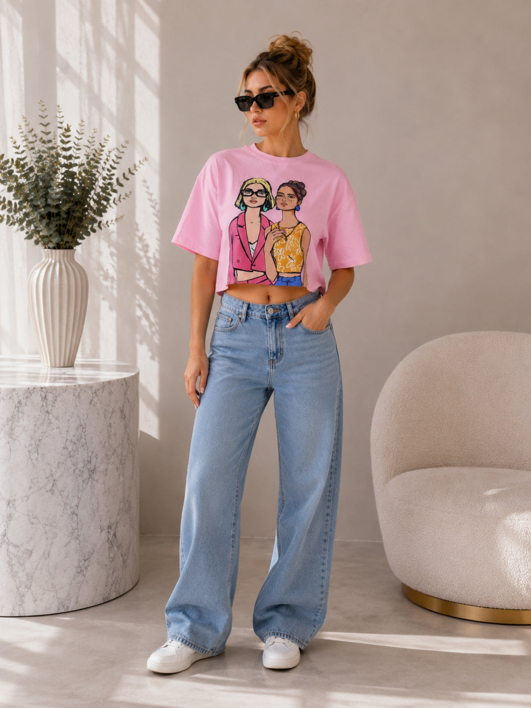 Clobug Women's Retro Pop Art Graphic Printed Crop T-Shirt