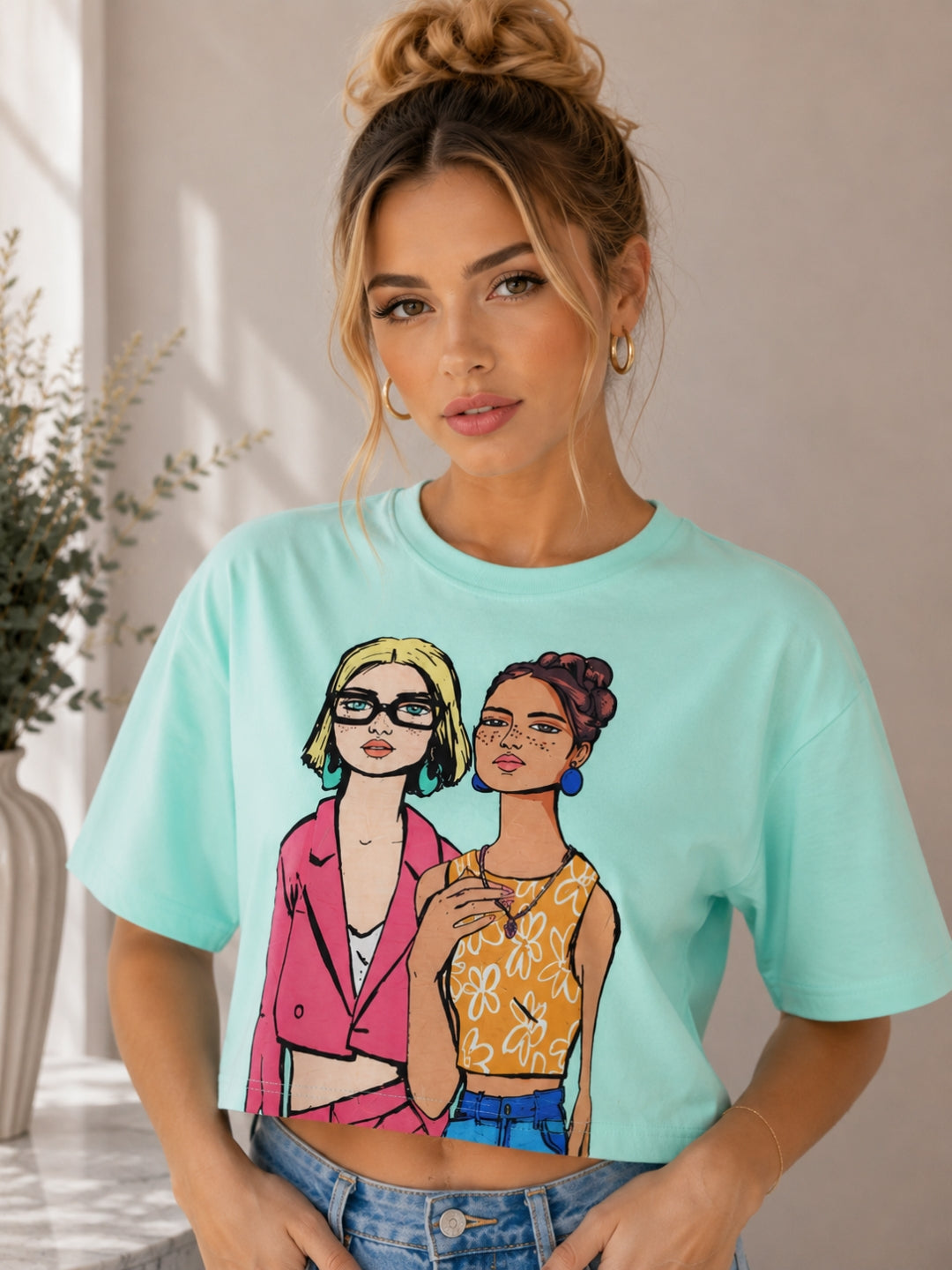 Clobug Women's Retro Pop Art Graphic Printed Crop T-Shirt