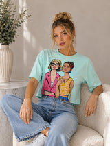Clobug Women's Retro Pop Art Graphic Printed Crop T-Shirt