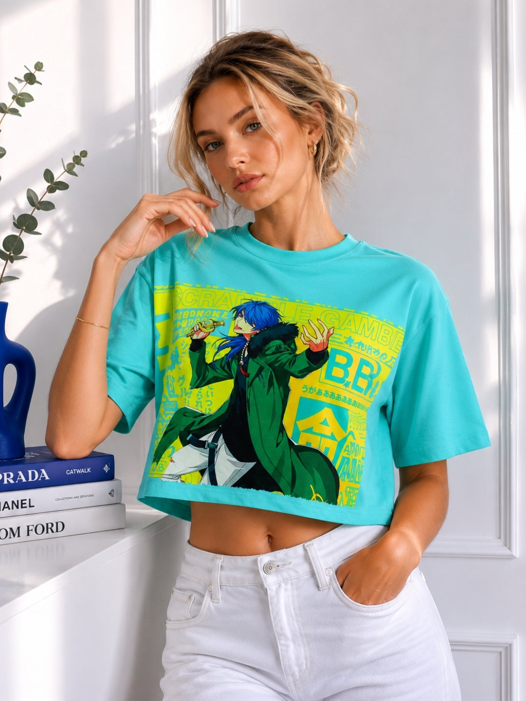 Clobug Women's Anime Graphic Printed Boxy Crop T-Shirt