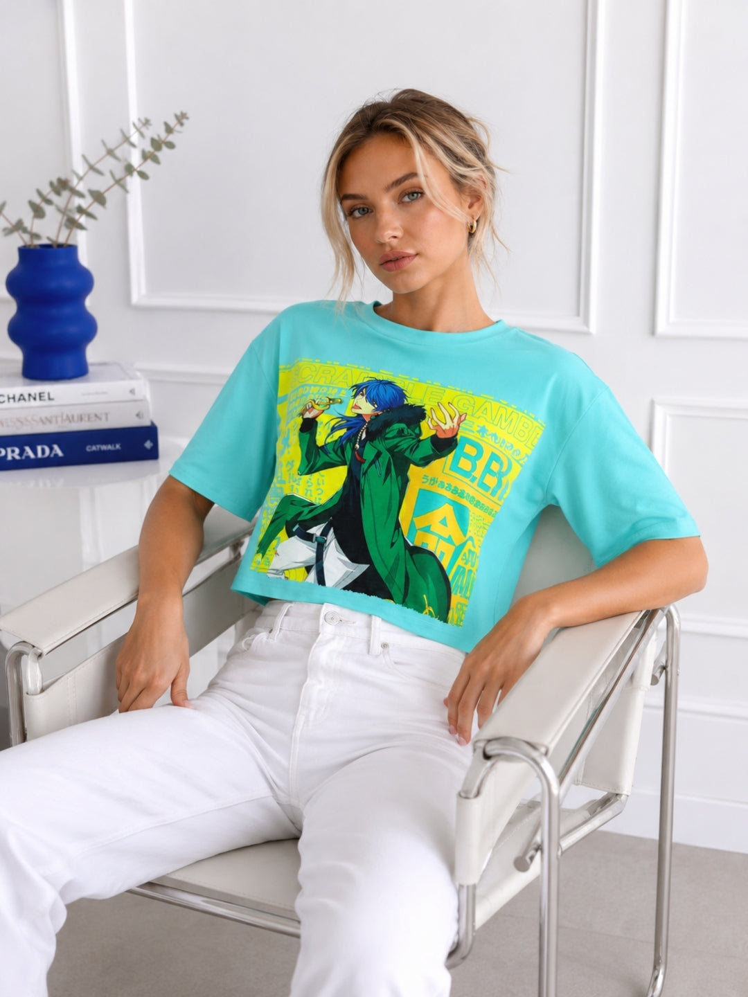 Clobug Women's Anime Graphic Printed Boxy Crop T-Shirt