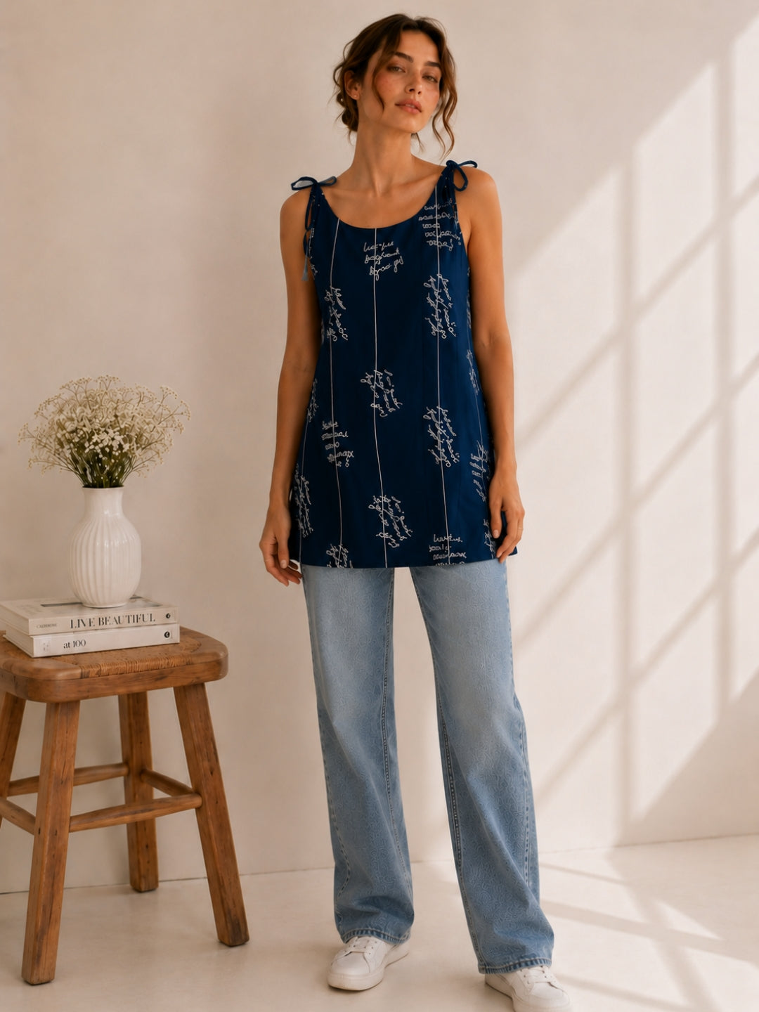 Women Typography Print Tie-Up Shoulder Sleeveless Short Kurti