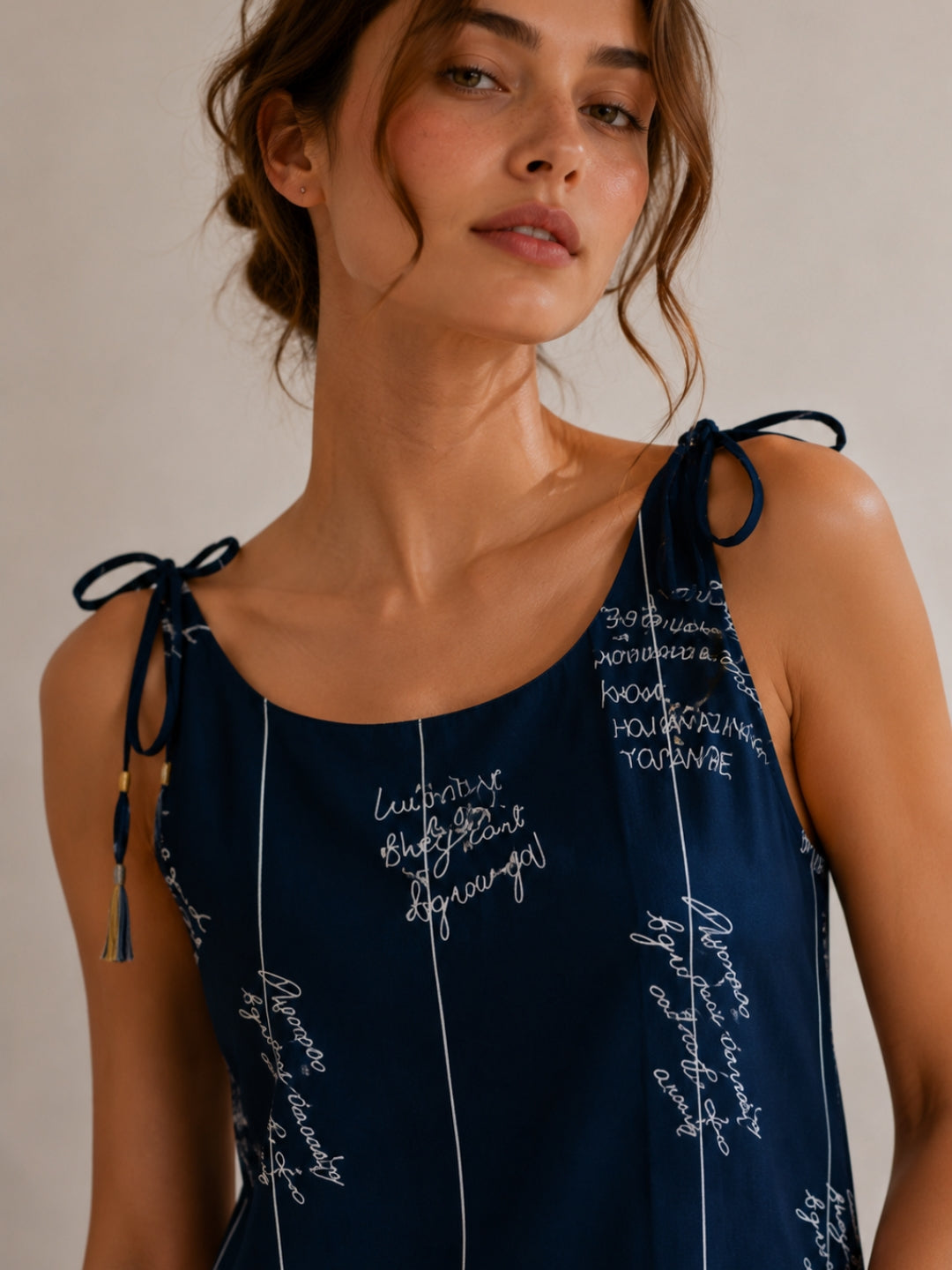 Women Typography Print Tie-Up Shoulder Sleeveless Short Kurti