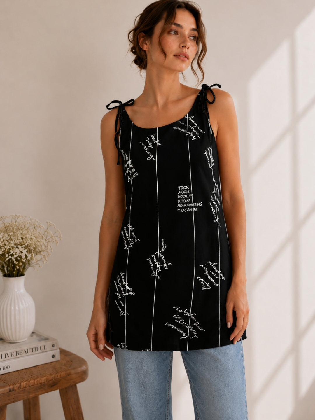 Women Typography Print Tie-Up Shoulder Sleeveless Short Kurti