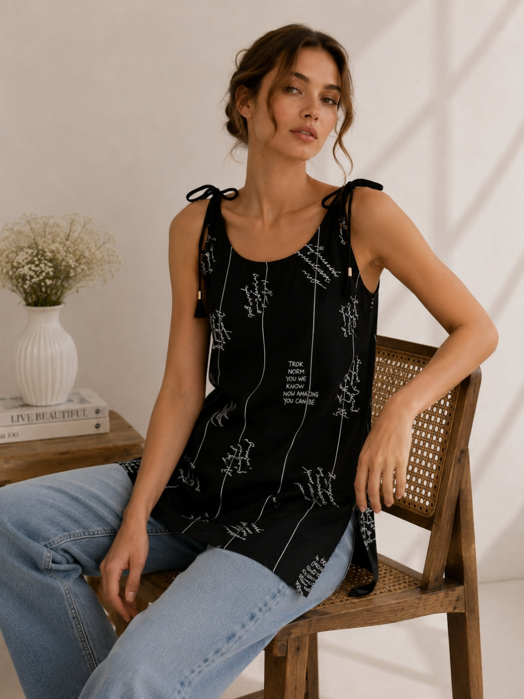 Women Typography Print Tie-Up Shoulder Sleeveless Short Kurti
