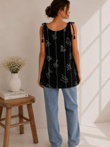 Women Typography Print Tie-Up Shoulder Sleeveless Short Kurti