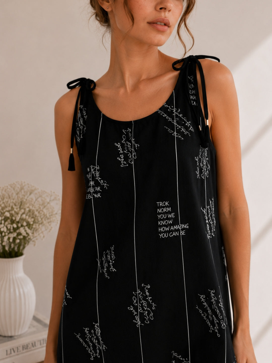 Women Typography Print Tie-Up Shoulder Sleeveless Short Kurti