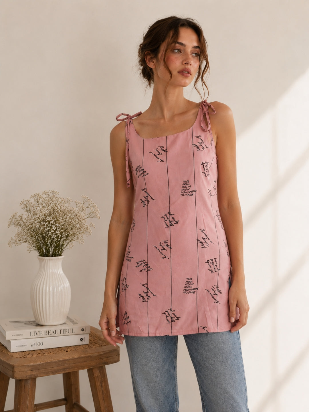 Women Typography Print Tie-Up Shoulder Sleeveless Short Kurti